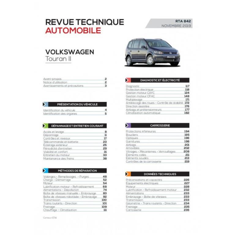 Revue technique auto (Rta) ETAI RTA 842 VOLKSWAGEN TOURAN II (2010 à 2015) - ref. 27801