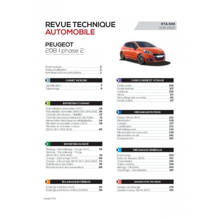Revue technique auto (Rta) ETAI RTA 849 PEUGEOT 208 PHASE 2 (2015 à 2019) - Diesel - ref. 27904