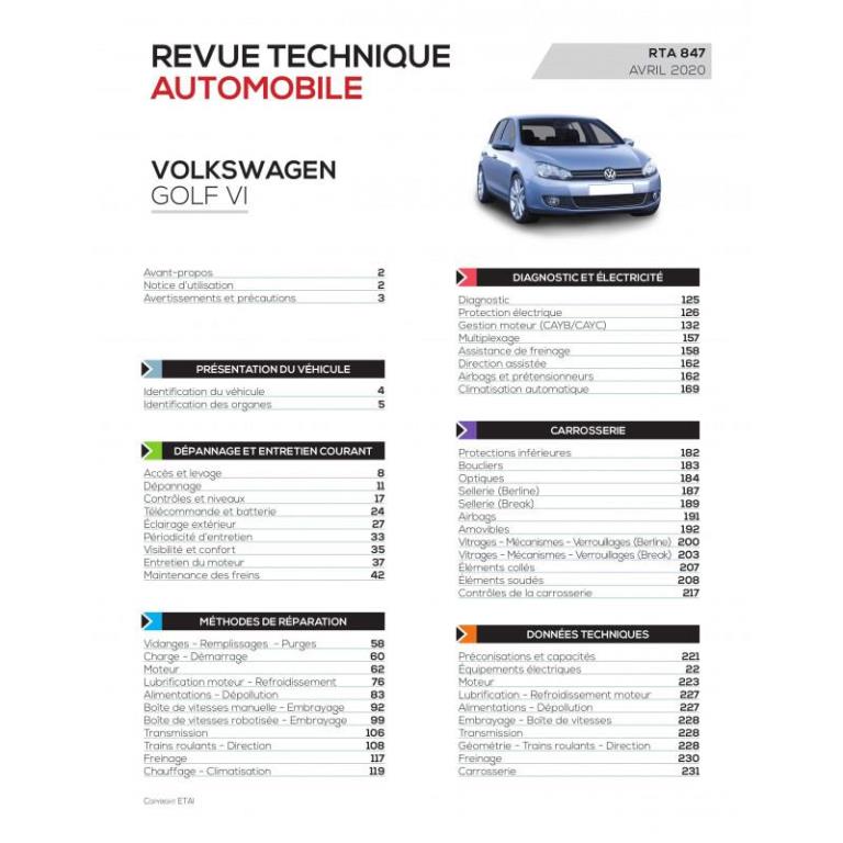 Revue technique auto (Rta) ETAI RTA 847 VOLKSWAGEN GOLF VI (2008 à 2013) - ref. 27905