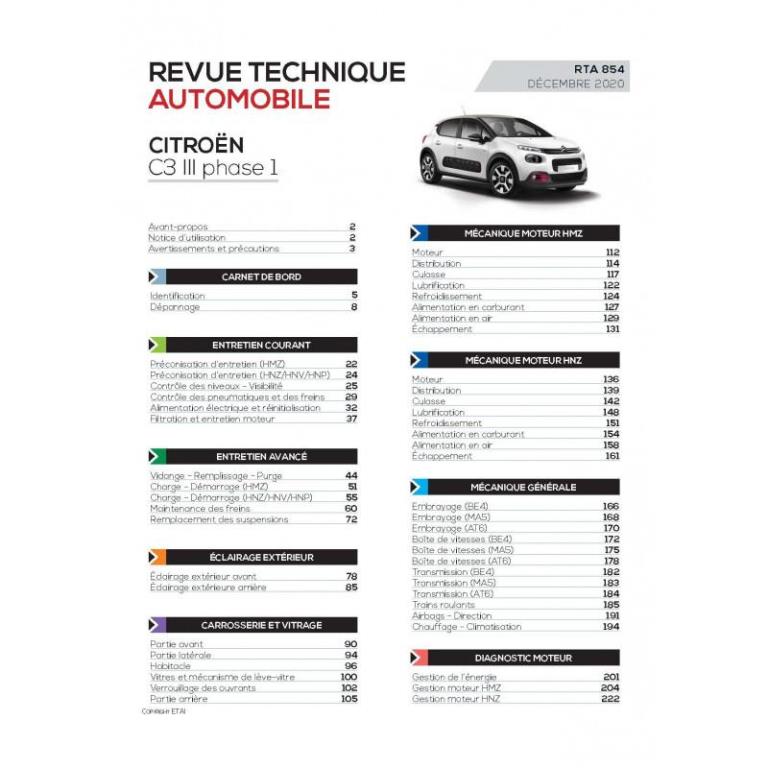 Revue technique auto (Rta) ETAI RTA 854 CITROËN C3 III PHASE 1 (2016 à 2020) - ref. 28239