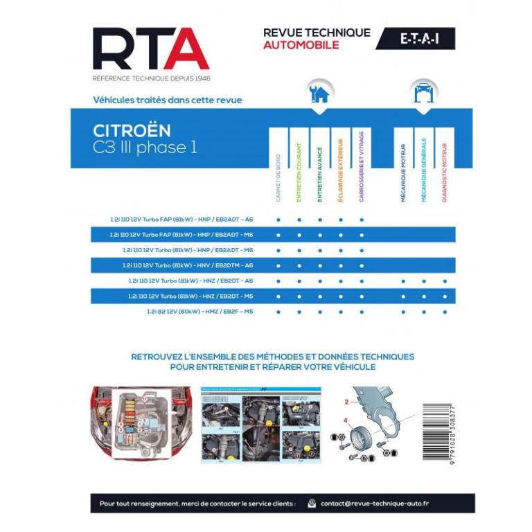 Revue technique auto (Rta) ETAI RTA 854 CITROËN C3 III PHASE 1 (2016 à 2020) - ref. 28239