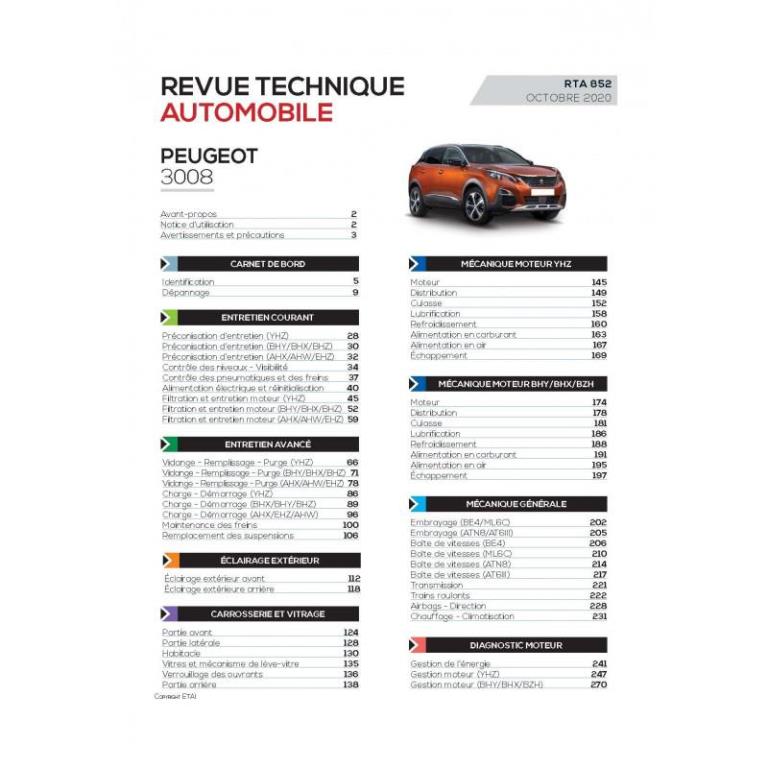 Revue technique auto (Rta) ETAI RTA 852 PEUGEOT 3008 II PHASE I (2016 à 2020) - Diesel - ref. 28241
