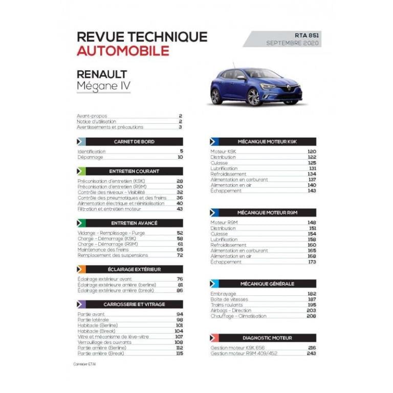 Revue technique auto (Rta) ETAI RTA 851 RENAULT MEGANE IV PHASE I (2015 à 2020) - ref. 28242
