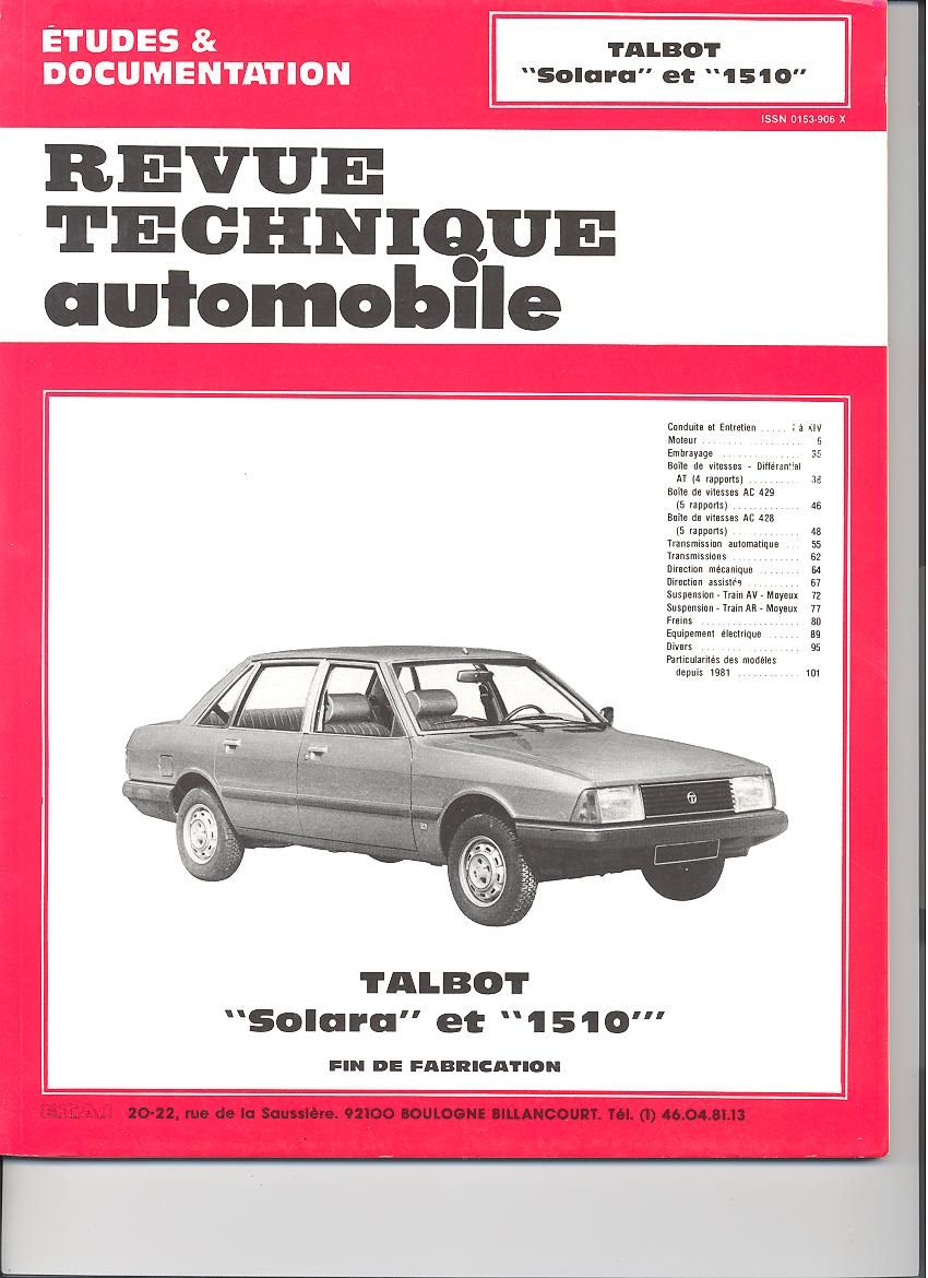 Revue technique auto (Rta) ETAI RTA 404.2 TALBOT SOLARA ET 1510 (1981/1985) - ref. 4913