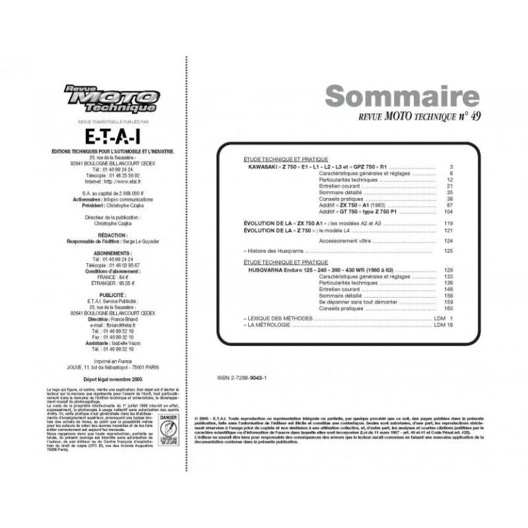 Revue technique moto ETAI RMT 49 HUSQVARNA 125-240-390-430 WR (80-83) et KAWASAKI 750 Z-GPZ-ZX-GT (80-85) - ref. 5152