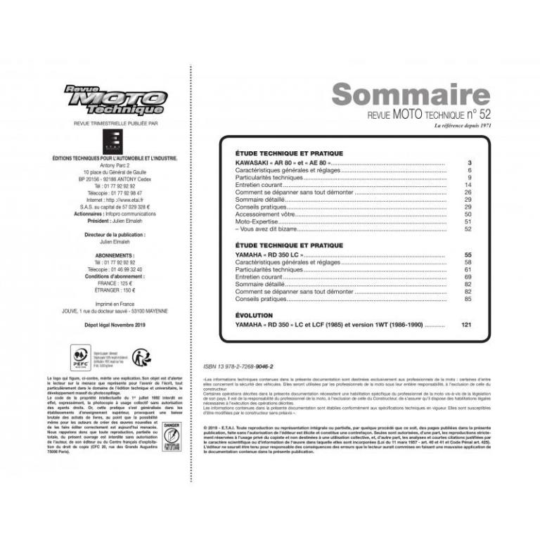 Revue technique moto ETAI RMT 52.1 KAWASAKI 80 AR-AE (1980 à 1984) et YAMAHA RD 350 (1983 à 1990) - ref. 5155