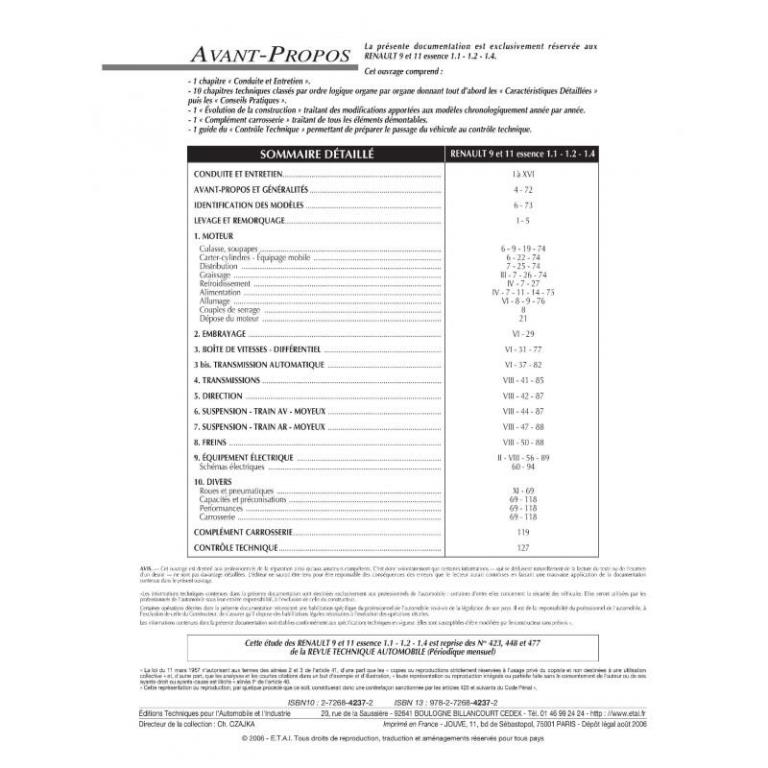 Revue technique auto (Rta) ETAI RTA 423.7 RENAULT 9 ET 11 (1108-1237 ET 1397) - ref. 9324