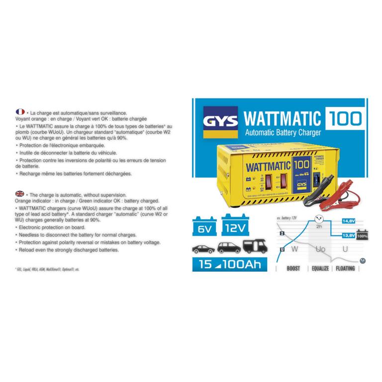 Chargeur de batterie de voiture ((de 6 à 12 V, et câbles)) GYS WATTMATIC 100 - ref. 024823
