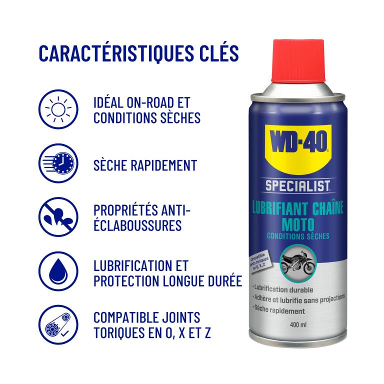 Nettoyant chaîne WD40 Lubrifiant Chaîne Conditions Sèches WD-40 Specialist Moto 400 ml - ref. 33786/46