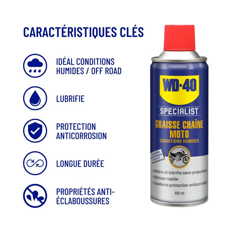 Graisse WD40 Graisse Chaîne Conditions Humides WD-40 Specialist Moto 400 ml - ref. 33788/46