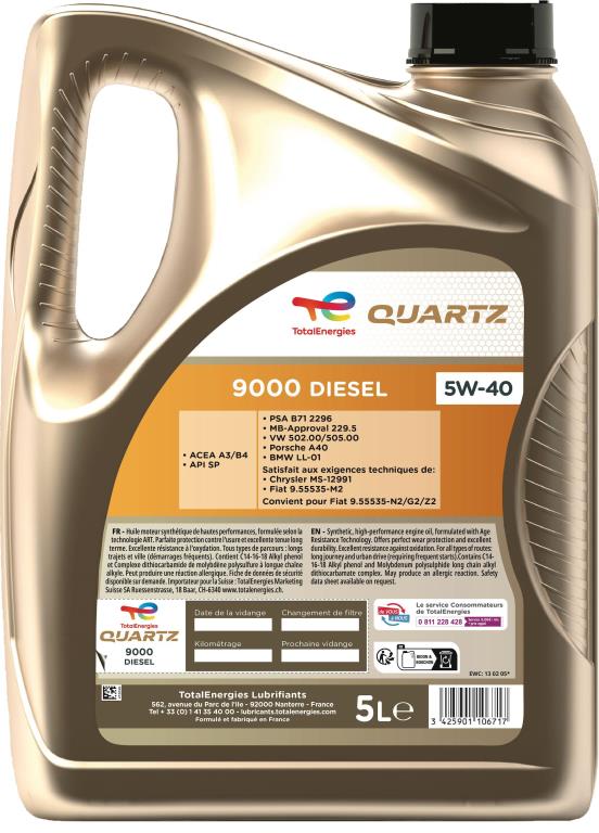 Aceite de motor (Aceite motor) TotalEnergies QUARTZ 9000 DIESEL 5W-40 5L - ref. 213661