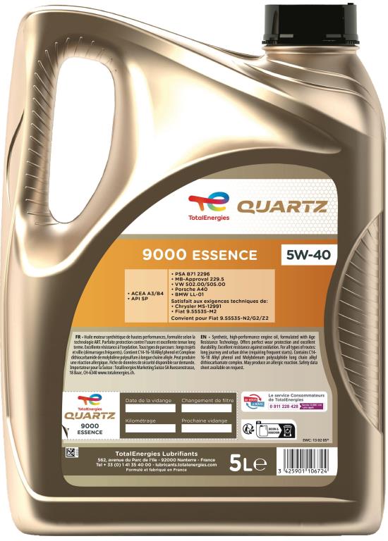 Aceite de motor (Aceite motor) TotalEnergies QUARTZ 9000 ESSENCE 5W-40 5L - ref. 213662