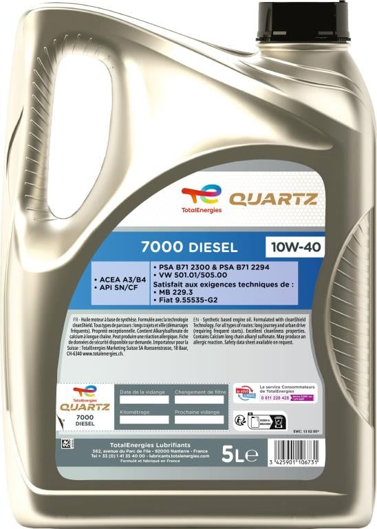 Huile moteur TotalEnergies QUARTZ 7000 DIESEL 10W-40  5L - ref. 213663