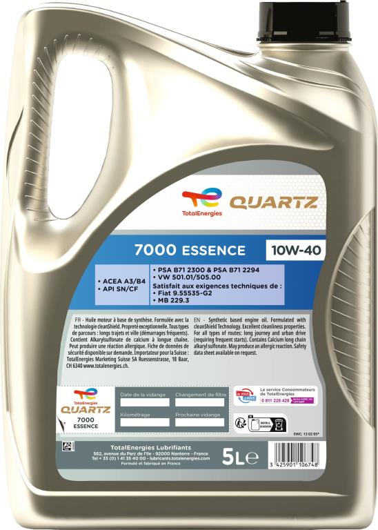 Huile moteur TotalEnergies QUARTZ 7000 ESSENCE 10W-40 5L - ref. 213664