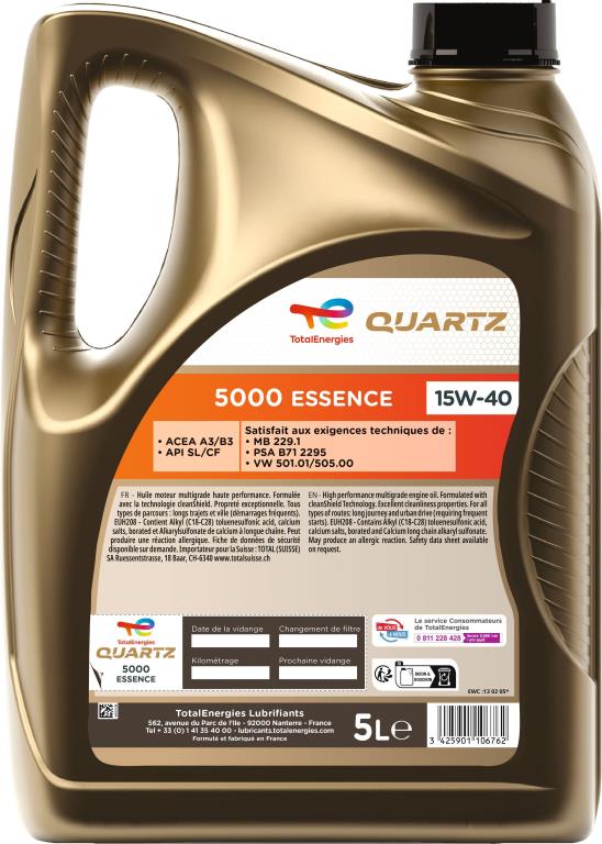 Huile moteur TotalEnergies QUARTZ 5000 ESSENCE 15W-40 5L - ref. 213666