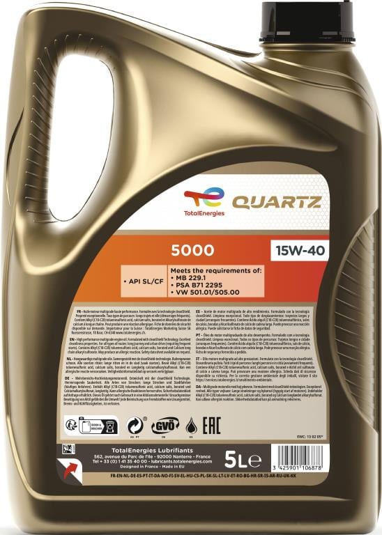 Huile moteur TotalEnergies QUARTZ 5000 15W-40  5L - ref. 213677