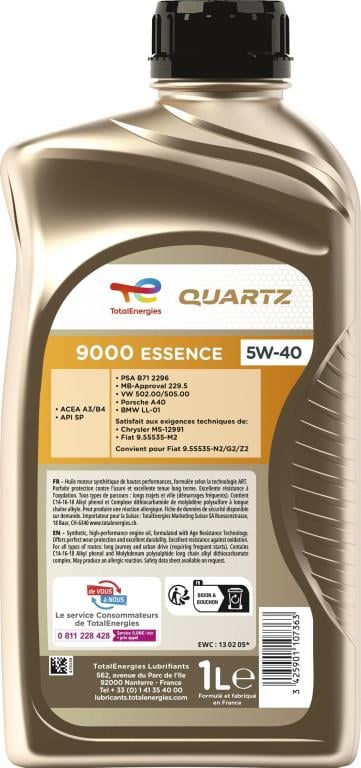 Huile moteur TotalEnergies QUARTZ 9000 ESSENCE 5W-40 1L - ref. 213742