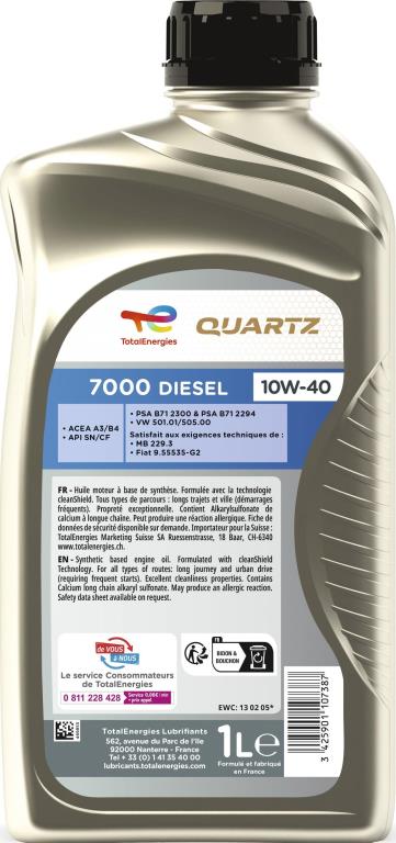 Huile moteur TotalEnergies QUARTZ 7000 DIESEL 10W-40  1L - ref. 213744