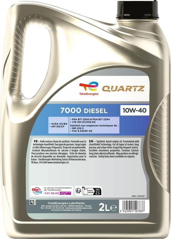 Huile moteur TotalEnergies QUARTZ 7000 DIESEL 10W-40  2L - ref. 234228