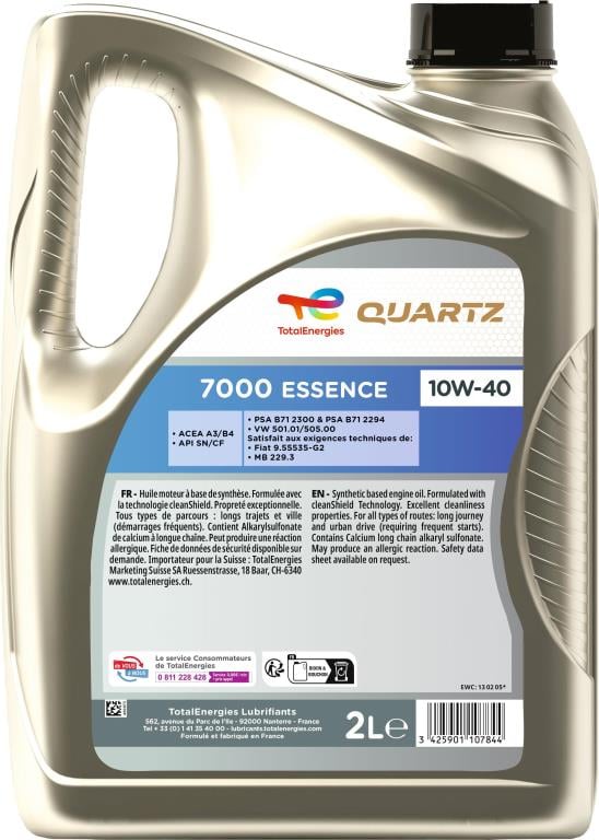 Huile moteur TotalEnergies QUARTZ 7000 10W-40  2L - ref. 234224