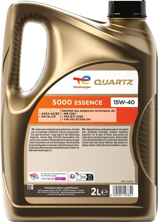 Huile moteur TotalEnergies QUARTZ 5000 ESSENCE 15W-40  2L - ref. 213794