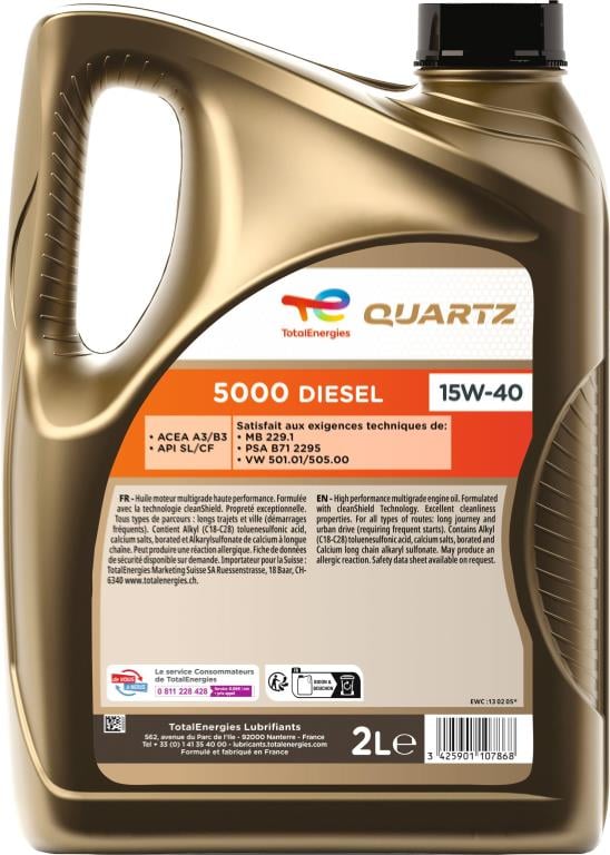 Óleo motor TotalEnergies QUARTZ 5000 DIESEL 15W-40  2L - ref. 234240