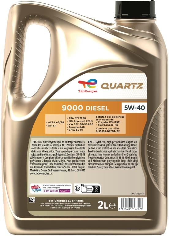 Aceite de motor (Aceite motor) TotalEnergies QUARTZ 9000 DIESEL 5W-40 2L - ref. 234227