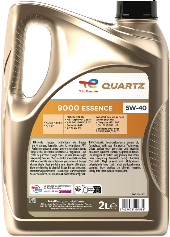 Huile moteur TotalEnergies QUARTZ 9000 ESSENCE 5W-40  2L - ref. 234226