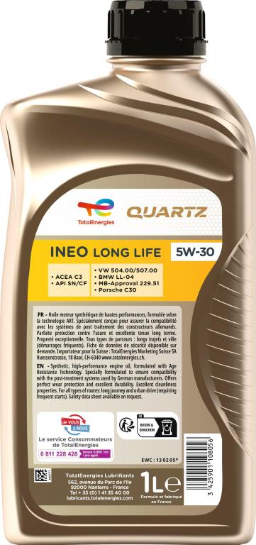 Huile moteur TotalEnergies QUARTZ INEO LONG LIFE 5W-30  1L - ref. 213817