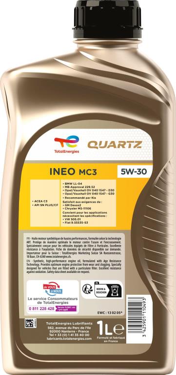 Huile moteur TotalEnergies QUARTZ INEO MC3 5W-30 1L - ref. 214069