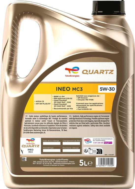 Huile moteur TotalEnergies QUARTZ INEO MC3 5W-30  5L - ref. 214070