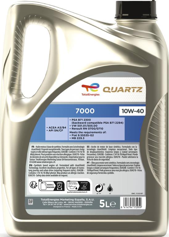 Aceite de motor (Aceite motor) TotalEnergies QUARTZ 7000 10W-40 5L - ref. 214109