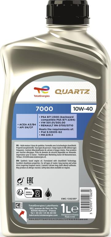 Aceite de motor (Aceite motor) TotalEnergies QUARTZ 7000 10W-40 1L - ref. 214110