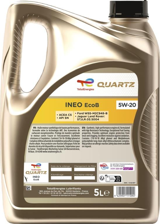 Huile moteur TotalEnergies QUARTZ INEO EcoB 5W-20 5L - ref. 214176