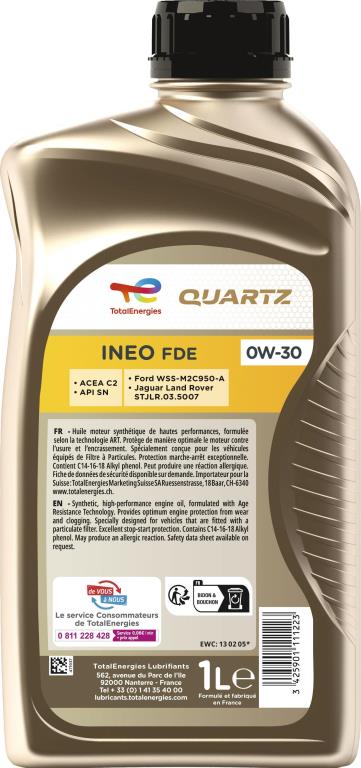 Huile moteur TotalEnergies QUARTZ INEO FDE 0W-30  1L - ref. 214192