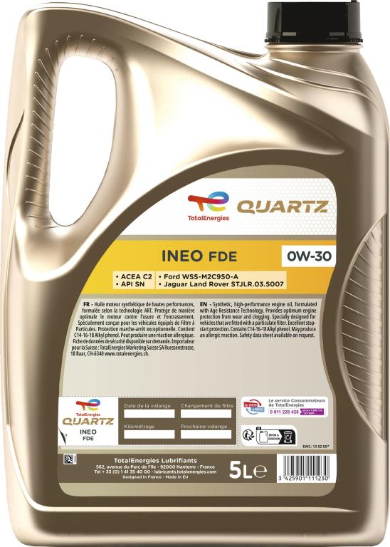 Óleo motor TotalEnergies QUARTZ INEO FDE 0W-30 5L - ref. 214193