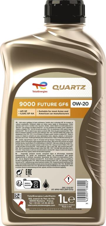 Huile moteur TotalEnergies QUARTZ FUTURE GF-6 0W-20 1L - ref. 223758