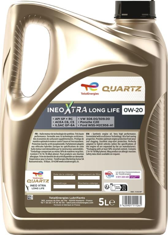 Huile moteur TotalEnergies QUARTZ INEO XTRA LONG LIFE 0W20 5L - ref. 226007
