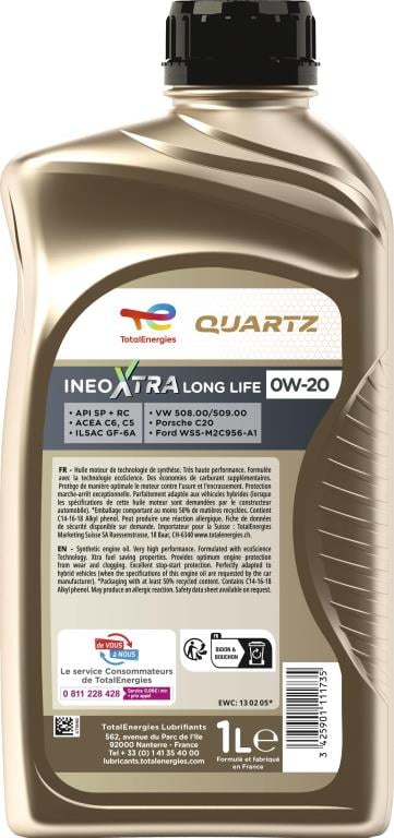 Huile moteur TotalEnergies QUARTZ INEO XTRA LONG LIFE 0W20 1L - ref. 226008
