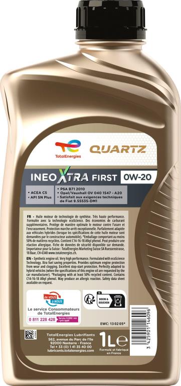 Huile moteur TotalEnergies Quartz Ineo Xtra First 0W-20 1 L - ref. 229419