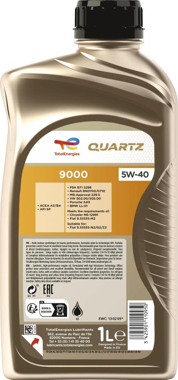 Huile moteur TotalEnergies QUARTZ 9000 5W40 1L - ref. 229707