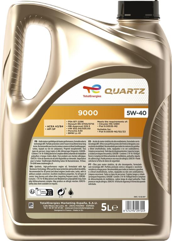 Aceite de motor (Aceite motor) TotalEnergies QUARTZ 9000 5W40 - ref. 229722