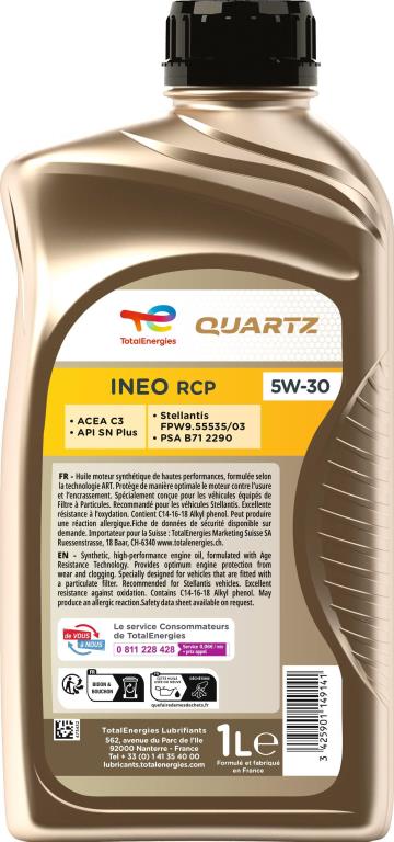Huile moteur TotalEnergies QUARTZ INEO RCP 5W30 1L - ref. 231107