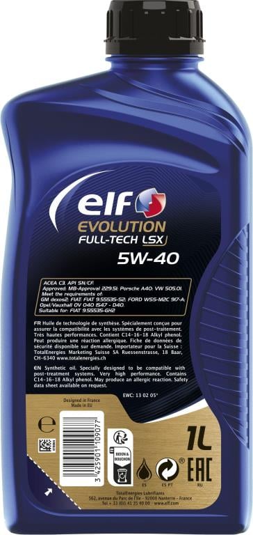 Óleo motor ELF EVOLUTION FULL-TECH LSX 5W-40 1L - ref. 213921