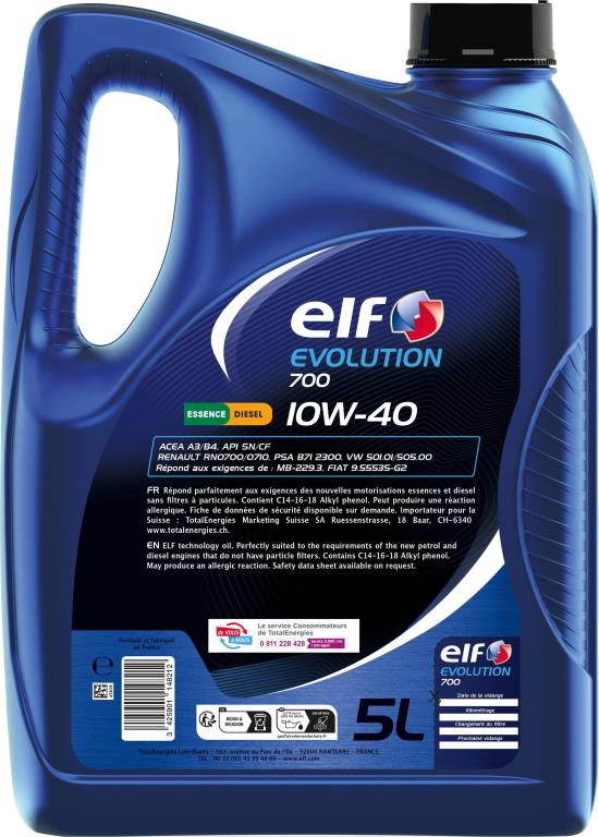 Huile moteur ELF EVOLUTION 700 10W40 5L - ref. 230601