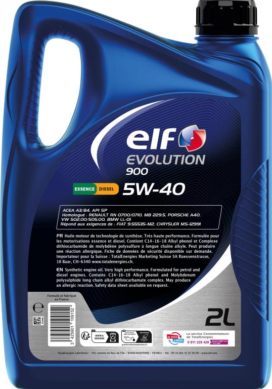 Huile moteur ELF EVOLUTION 900 5W40 2L - ref. 234250