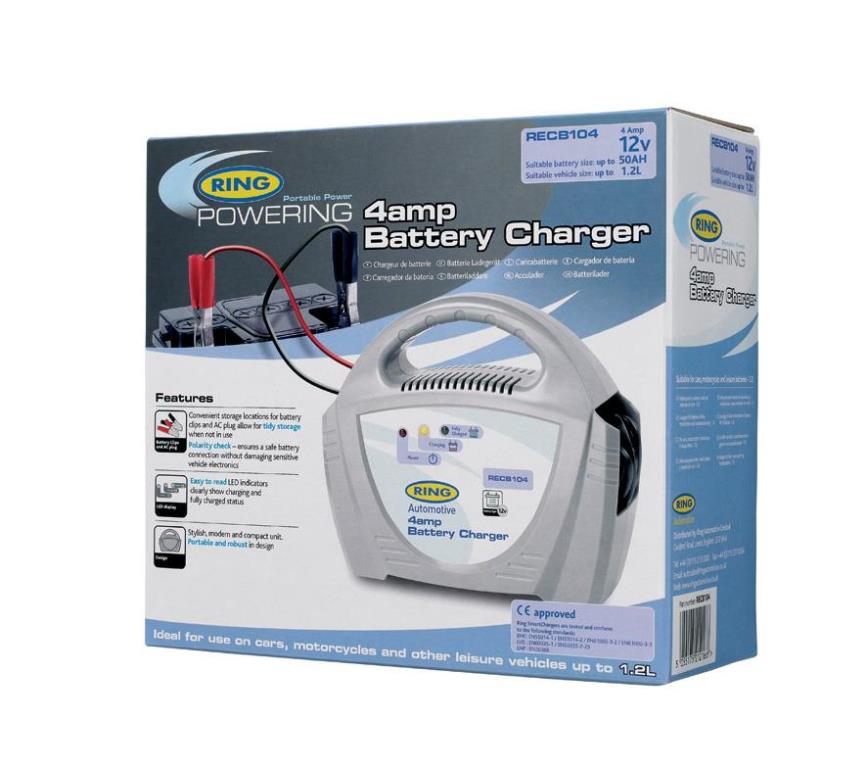 Chargeur de batterie de voiture ((de 6 à 12 V, et câbles)) RING ref. RECB104