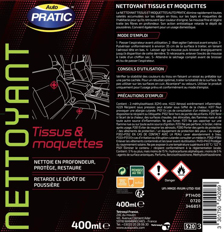 Nettoyant textile (Nettoyant sièges) Auto Pratic ref. PTI400