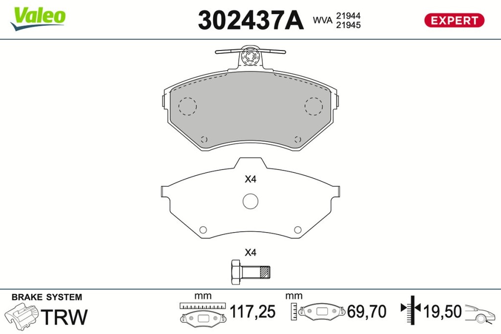 Jeu de 4 plaquettes de frein VALEO ref. 302437A