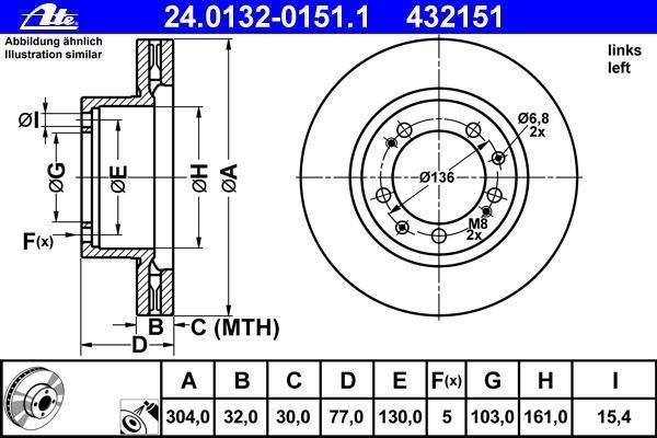Disque de frein avant gauche ATE ref. 24.0132-0151.1